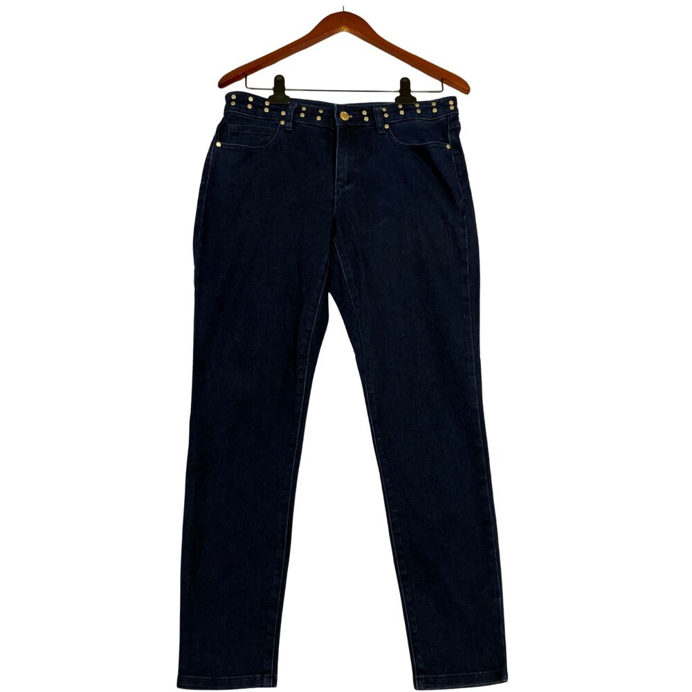 Michael Kors Izzy Skinny Jeans Womens 8 Dark Wash Blue Gold Studded Stretch